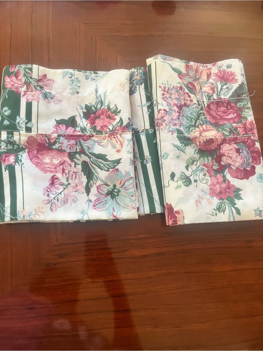 Vintage Floral Pink & Green Stripe Cotton Valance - Set of 2
